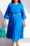 Azul casual elegante sólido retalhos dobra com cinto o pescoço vestidos retos (contém o cinto)