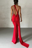 Vestido largo rojo sexy liso sin espalda con cuello oblicuo Vestidos