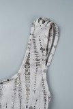 Graues sexy gestreiftes Patchwork-Kleid mit rückenfreiem U-Ausschnitt und Weste