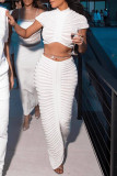 White Sexy Solid Patchwork See-through O Neck Short Sleeve Two Pieces Crop Tops And Skirts Sets