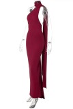 Red Sexy Solid Backless Oblique Collar Long Dress Dresses
