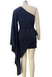 Black Casual Solid Patchwork With Belt Oblique Collar Irregular Dress Dresses