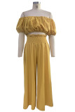 Yellow Casual Solid Backless Off the Shoulder Half Sleeve Two Pieces