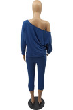 Blue Casual Solid Patchwork Draw String Oblique Collar Long Sleeve Two Pieces