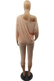 Pink Casual Solid Patchwork Draw String Oblique Collar Long Sleeve Two Pieces