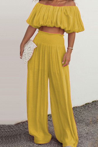 Yellow Casual Solid Backless Off the Shoulder Half Sleeve Two Pieces