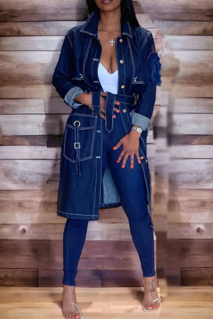 Deep Blue Elegant Solid Patchwork Pocket Frenulum Buckle Cardigan Collar Long Sleeve Mid Waist Straight Open Front Denim Trench Coat Denim Jacket