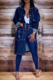Bleu profond élégant solide Patchwork poche frenlum boucle Cardigan col à manches longues taille moyenne veste en jean droite