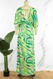 Paarse casual print patchwork gleuf V-hals lange jurk jurken