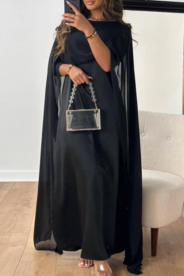 Черные элегантные однотонные лоскутные длинные платья с застежкой-молнией и круглым вырезом