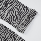 Zebra Sexy Prominente Zebra-Print ausgehöhlt Patchwork Kordelzug Druck O-Ausschnitt Mesh-Kleid Kleider