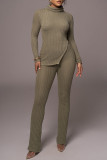 Khaki Casual Solid Slit Turtleneck Long Sleeve Two Pieces