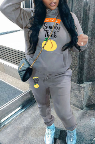Grey Casual Graphics Print Long Sleeve Hooded Collar Sweatshirt And Pants Sportwear Plus Size Two Piece Jogger Set
