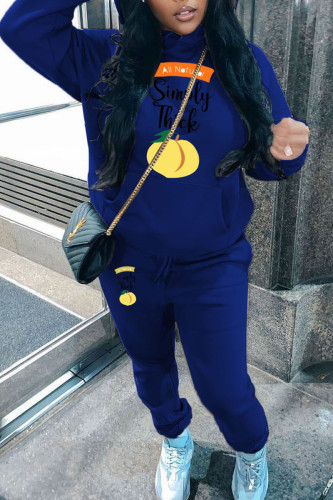 Blue Casual Graphics Print Long Sleeve Hooded Collar Sweatshirt And Pants Sportwear Plus Size Two Piece Jogger Set