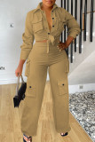 Khaki Street Solid Bandage Patchwork Pocket Buckle Shirt Collar Long Sleeve Two Pieces