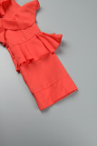 Rote, lässige, solide Patchwork-Oberteile mit Volant-Umlegekragen und Schnalle