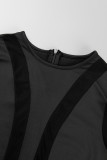 Mameluco flaco con cuello en O transparente de patchwork sólido casual sexy negro