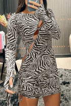 Zebra Sexy Celebrities Zebra Print Hollowed Out Patchwork Draw String Printing O Neck Mesh Dress Dresses