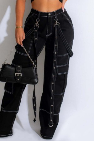 Black Casual High Waist Regular Straight Leg Cargo Denim Jeans