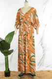 Paarse casual print patchwork gleuf V-hals lange jurk jurken
