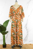 Green Casual Print Patchwork Slit V Neck Long Dress Dresses