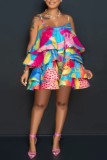 Multicolore Sexy Casual Print Patchwork Backless Spaghetti Strap Cake Jupe Robes