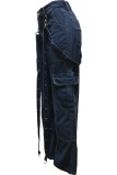 Blue Casual Solid Patchwork High Waist Regular Cargo Denim Jeans