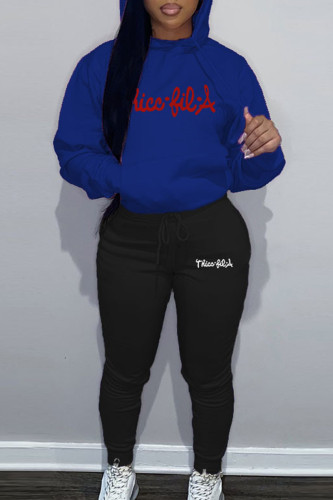 Blue Street Letter Print Hooded Collar Sweatshirt And Pants Sportwear Plus Size Two Piece Jogger Set
