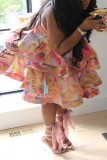 Rose Red Sexig Casual Print Patchwork Backless Spaghetti Strap Cake Skirt Dresses
