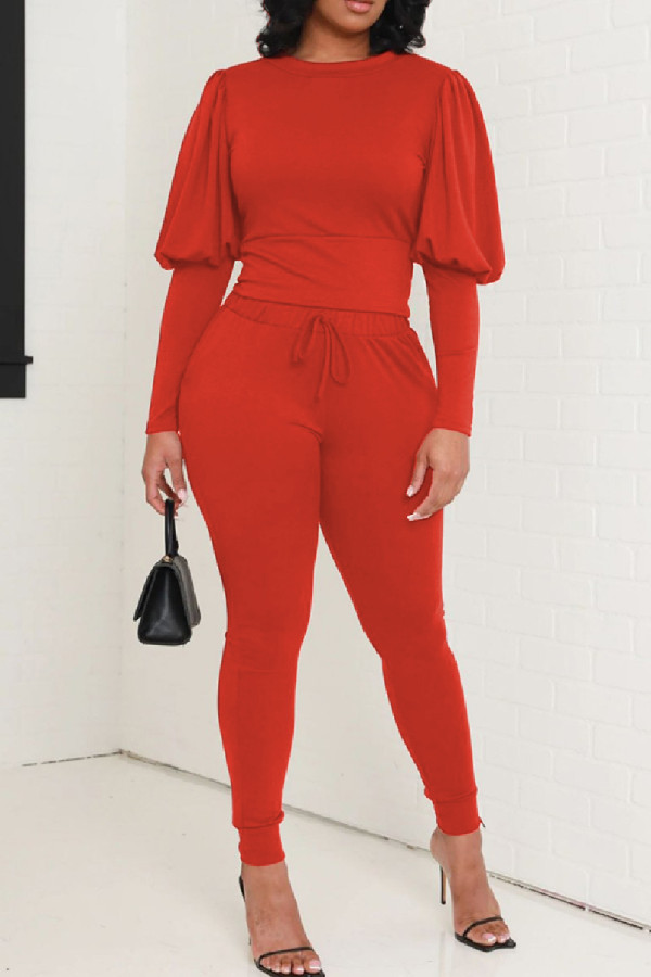Red Casual Solid Basic O Neck Long Sleeve Two Pieces