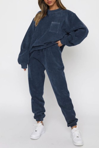 Dark Blue Casual Solid Patchwork O Neck Long Sleeve Two Pieces