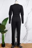 Black Casual Solid Basic O Neck Long Sleeve Two Pieces