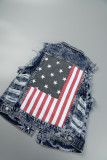 Multicolor Casual Flag Star Print Turndown Collar Sleeveless Regular Distressed Ripped Denim Jacket (Subject To The Actual Object)