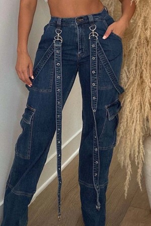 Blue Casual High Waist Regular Straight Leg Cargo Denim Jeans