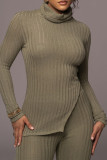 Khaki Casual Solid Slit Turtleneck Long Sleeve Two Pieces