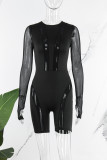 Macacão skinny preto sexy casual patchwork transparente com decote oco