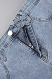 Azul Sexy Solid Patchwork Buttons Backless Strapless Sleeveless Sleeves High Waist Denim Skinny Dresses (Sem Outerwear)