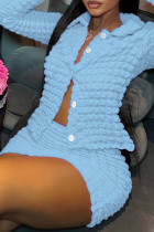 Небесно-голубой сексуальный однотонный пэчворк с отложным воротником с длинными рукавами и пряжкой из двух предметов