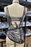 Black Silver Sexy Solid Hollowed Out Frenulum Backless Spaghetti Strap Sleeveless Two Pieces