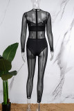 Svarta Sexiga Solid Patchwork Genomskinliga O-hals Skinny Jumpsuits