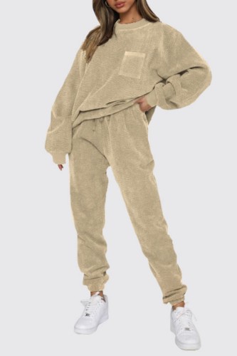 Apricot Casual Solid Patchwork O Neck Long Sleeve Two Pieces