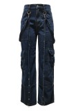 Black Casual Solid Patchwork High Waist Regular Cargo Denim Jeans