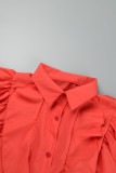 Blusas de patchwork lisas vermelhas casuais com fivela e babados gola redonda
