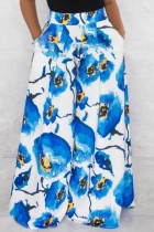 Blue Casual Print Basic Regular High Waist Wide Leg Full Print Trousers