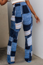 Ковбойский синий Повседневный уличный цветной блок Пэчворк Прямые прямые брюки с высокой талией в стиле пэчворк