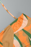 Robe longue verte décontractée à imprimé patchwork fendu col en V