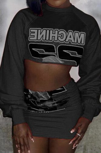 Black Street Letter Patchwork Printing O Neck Long Sleeve Two Pieces