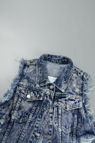 Multicolor Casual Print Ripped Turndown Collar Sleeveless Regular Denim Jacket (Subject To The Actual Object)