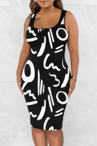 Schwarz-weißes Casual-Print-Basic-Weste-Kleid mit U-Ausschnitt