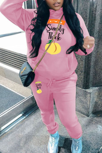 Pink Casual Graphics Print Long Sleeve Hooded Collar Sweatshirt And Pants Sportwear Plus Size Two Piece Jogger Set